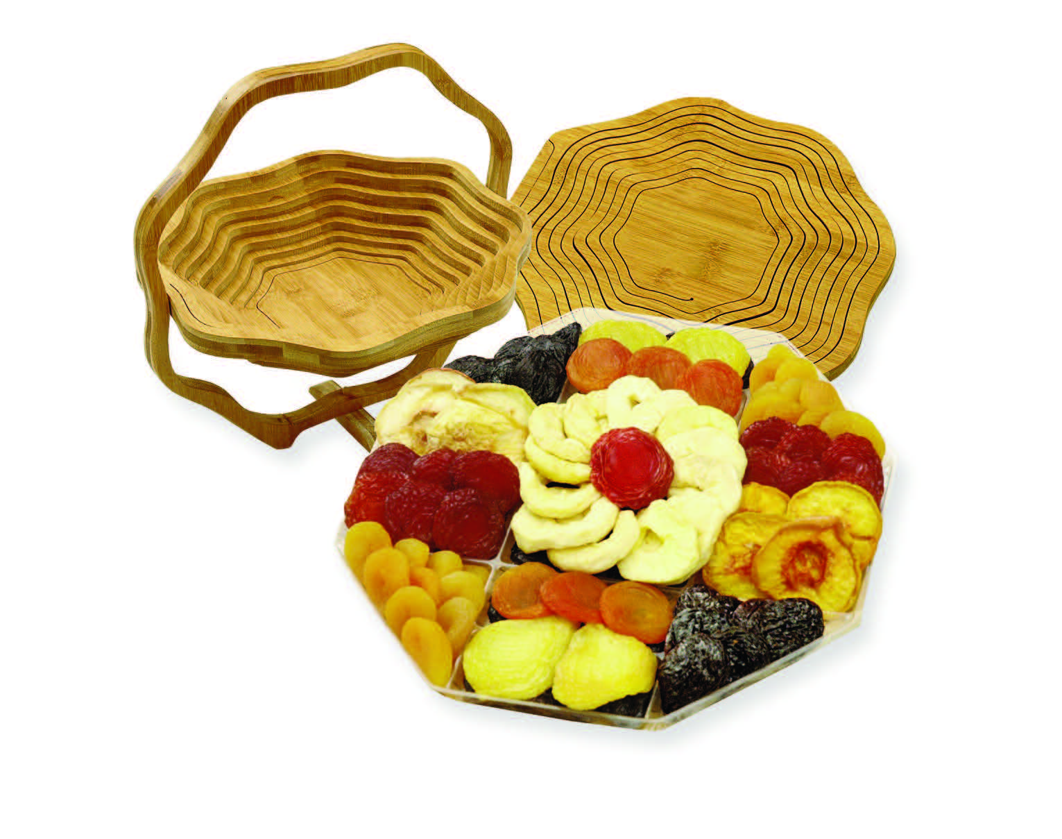 Photo of the trivet/party basket. The wooden basket holds a variety of dried fruits and can collapse into a trivet.