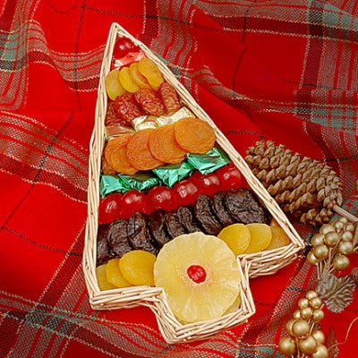 Photo of the Tree Tray. This is a tree-shaped willow tray filled with layers of dried fruit in a colorful and festive striped pattern.