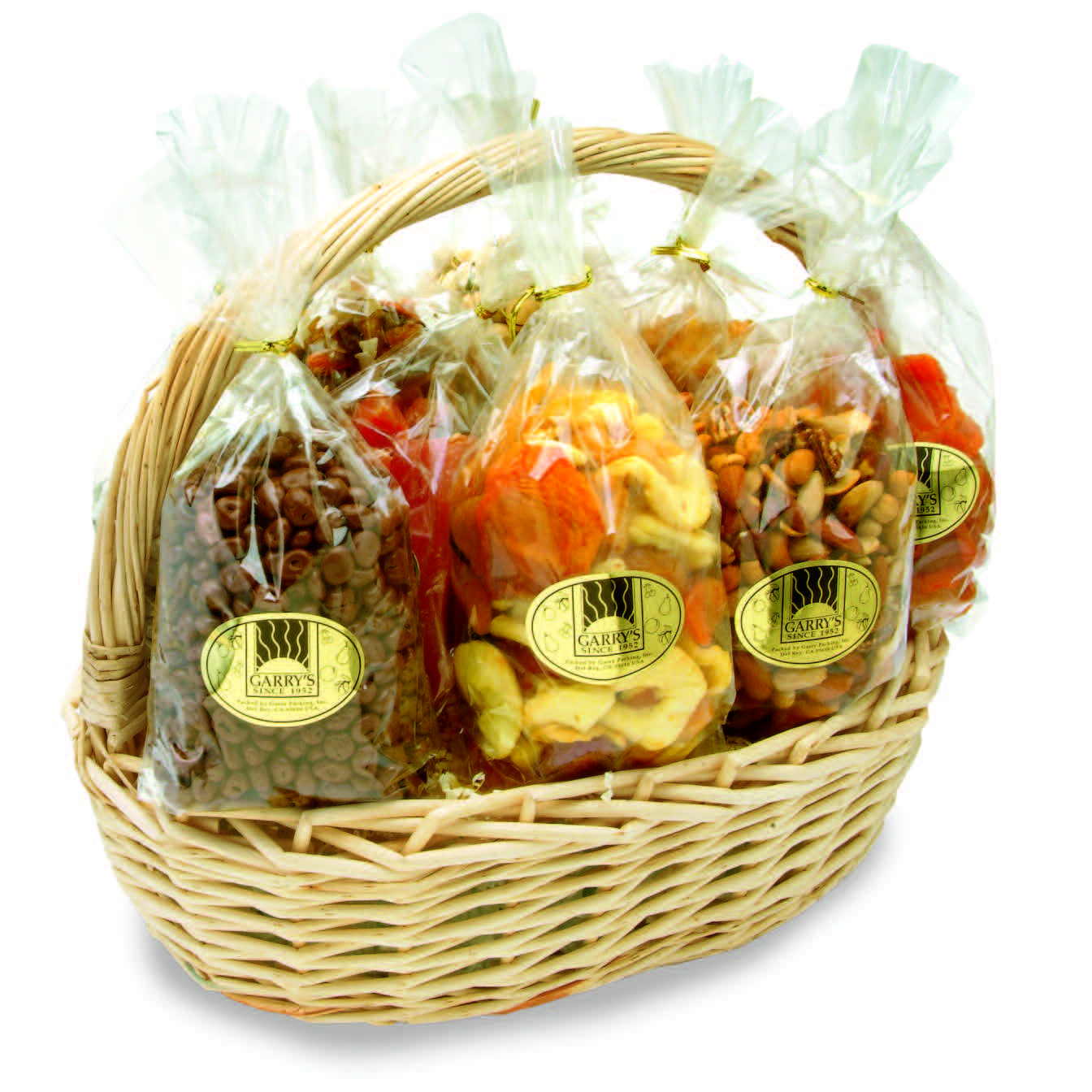 Photo of the Willow Handle Basket. This is a large willow basket with a handle that contains several bags of Garry's Country Store products