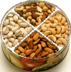 Close up photo of the mixed nut tin. This tin is patterned with illustrated fruits.