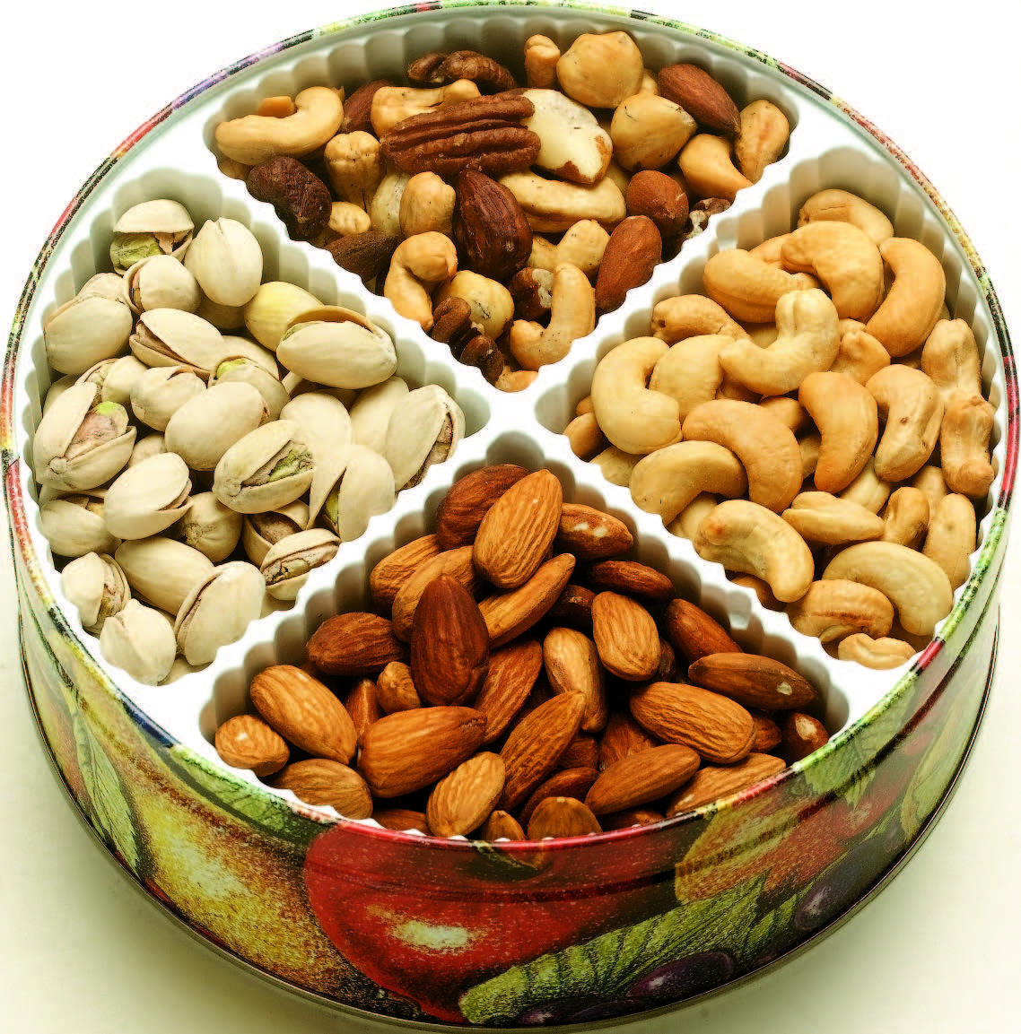 Close up photo of the mixed nut tin. This tin is patterned with illustrated fruits.