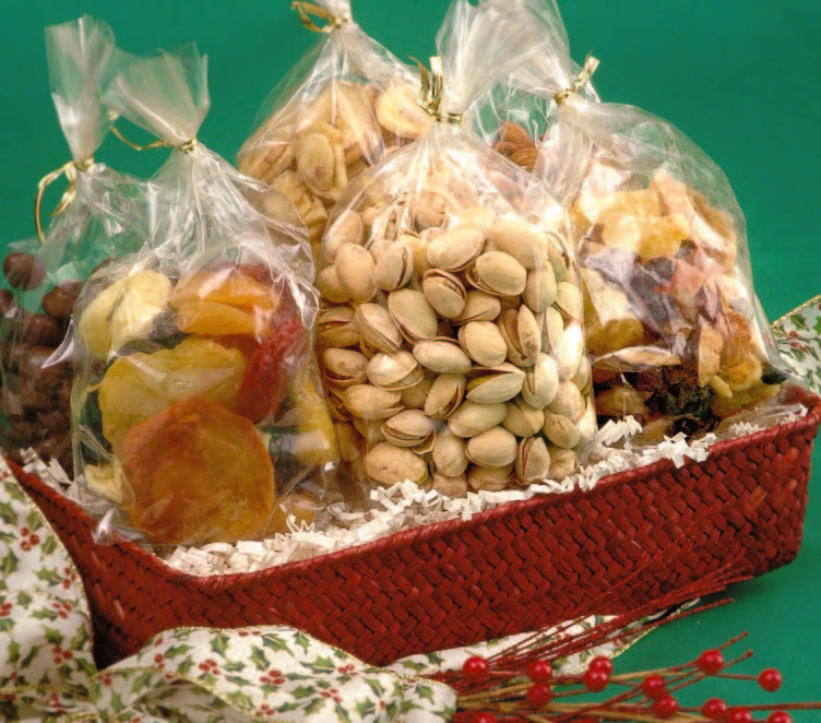 Photo of the holiday treat basket: a red woven basket containing bags of Garry's Country Store products