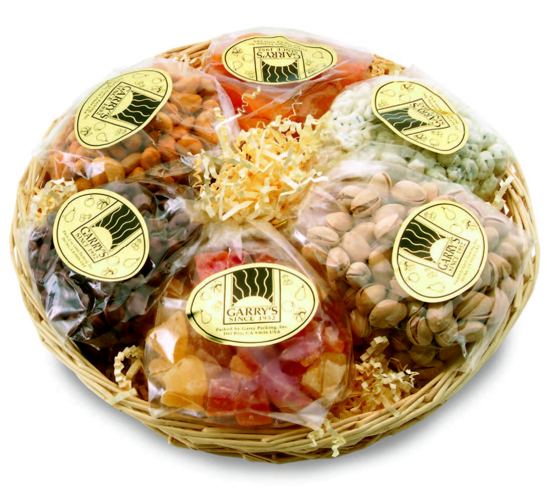 Photo of the Wheel of Fun, a round basket containing 6 bags of Garry's Country Store products