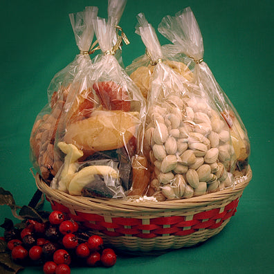 Photo of the round basket, a woven basket containing bags of Garry's products